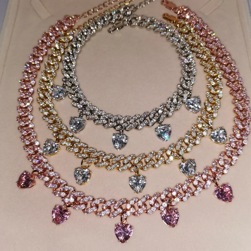

wholesale stainless steel iced out cuban link choker heart diamond necklace