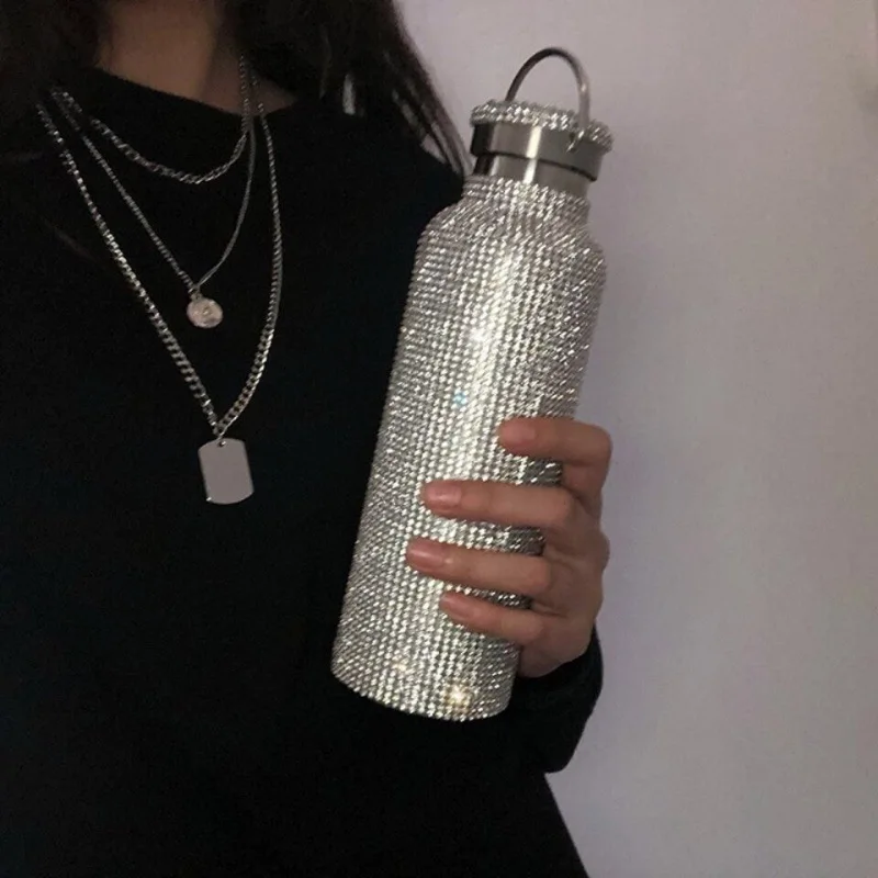 

Insulated Bottle Bling Rhinestone Stainless Steel Sparkling High-end Vacuum Tumbler Bottle Thermos Silver Diamond Water Bottle