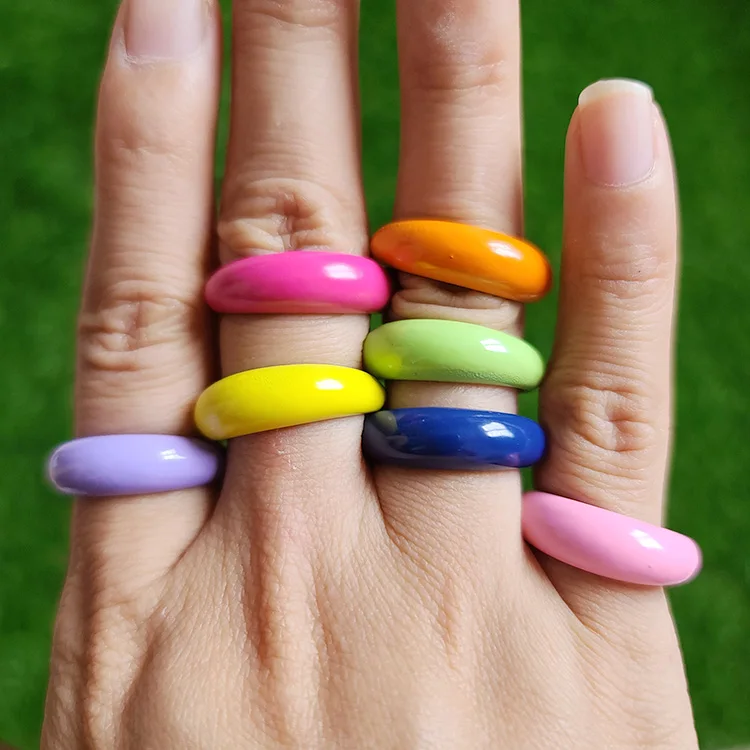 

RA1014 Hot Selling Neon Enamel Rainbow Colored Brass Metal Bold Dome Stackable Rings for Ladies