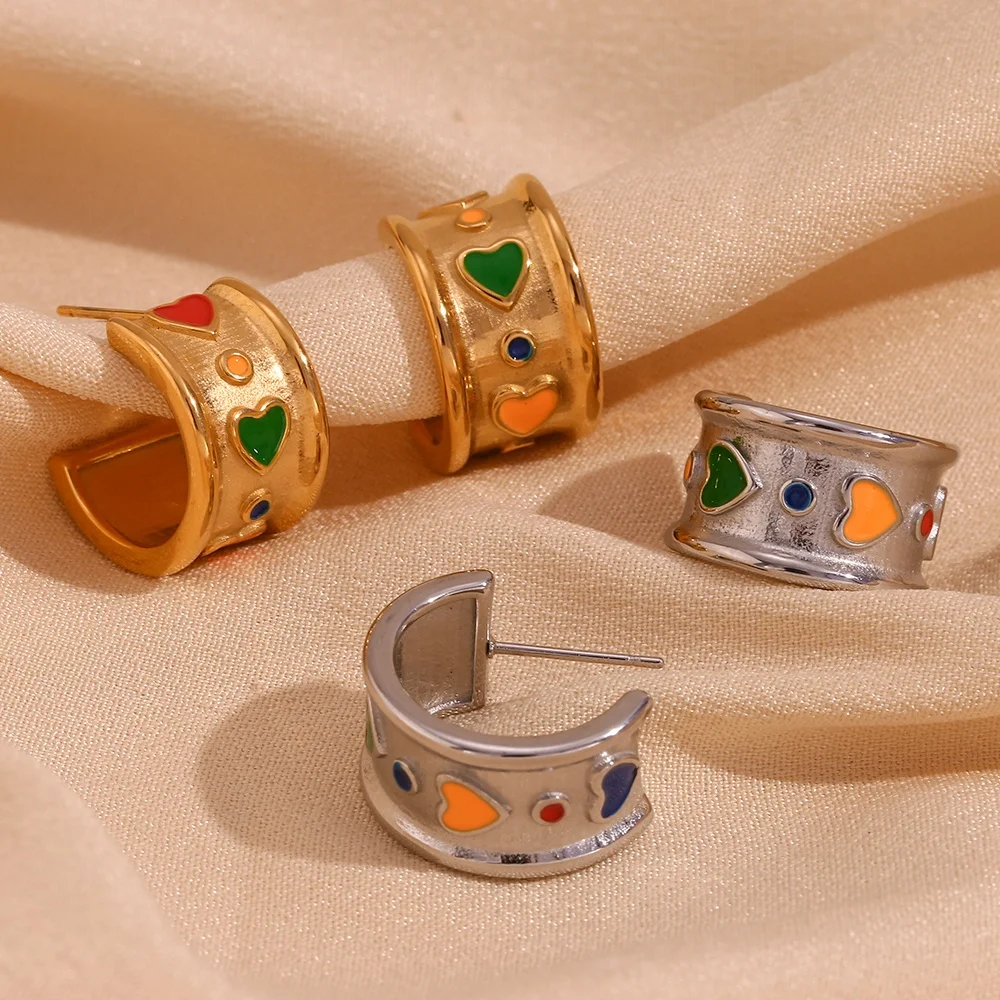 

Colorful Enamel Heart Earrings 18K Gold Plated Stainless Steel Earrings For Women Jewelry 2023 Couples Jewelry
