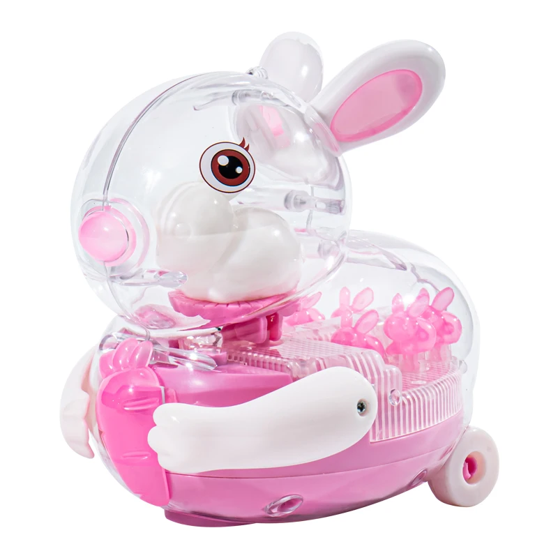 

2023 Transparent plastic electric rabbit toys for kids universal wheel cartoon small rabbit toys musical geared kids toys car