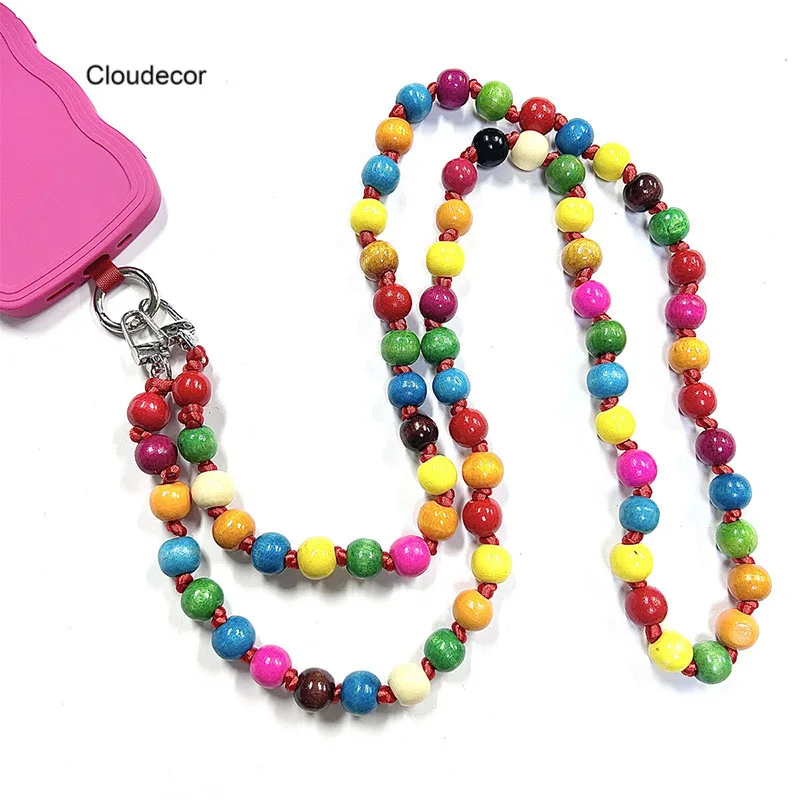 Universal Colorful 14mm Color Wooden Beads Mobile Phone Strap Chain Hot Anti slip long Cell Phone Lanyard Crossbody Necklace