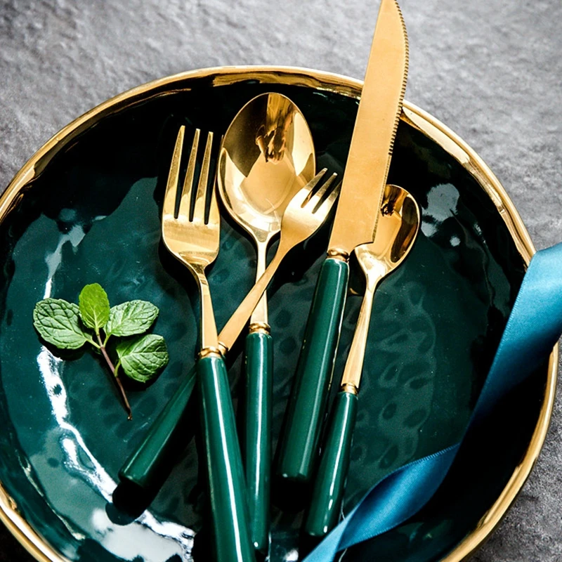 

Luxury Dark Green Ceramic Handle Cutlery Set Tableware Fork Knife Spoon Table Dinnerware Flatware Set