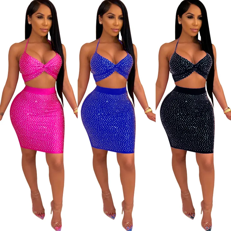 MC2728 women fashion rhinestone skirts and bra two piece outfits