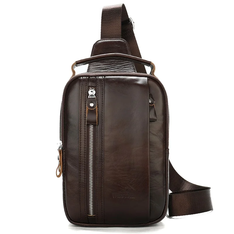 

OEM drop shipping Sling genuine Leather Backpack Multi-pocket Travel Shoulder Chest Bag Crossbody Daypack for Men with Earphone, Coffee