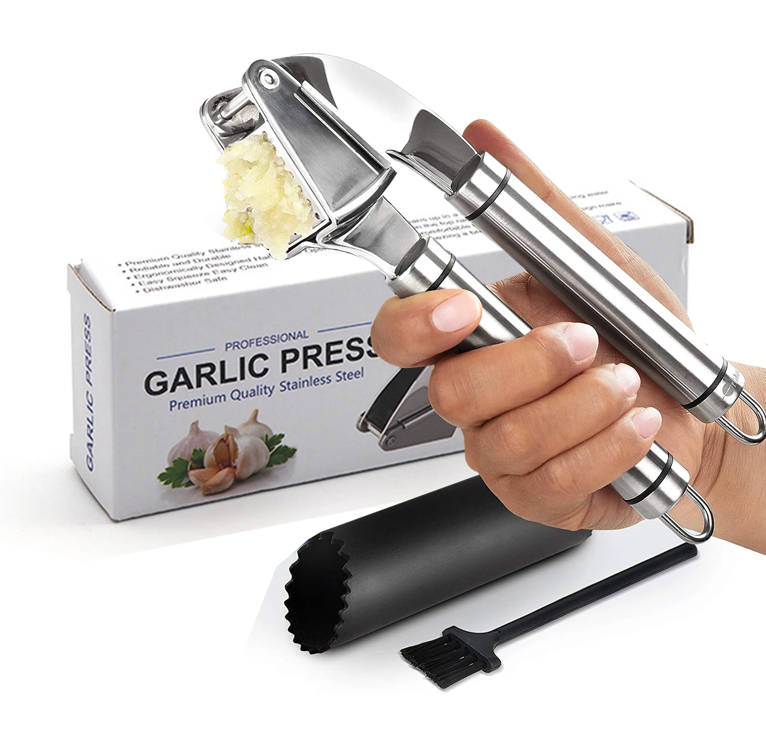 

Multifunction food contact safe metal garlic press crusher stainless steel with gift box 3 pcs set, Silver