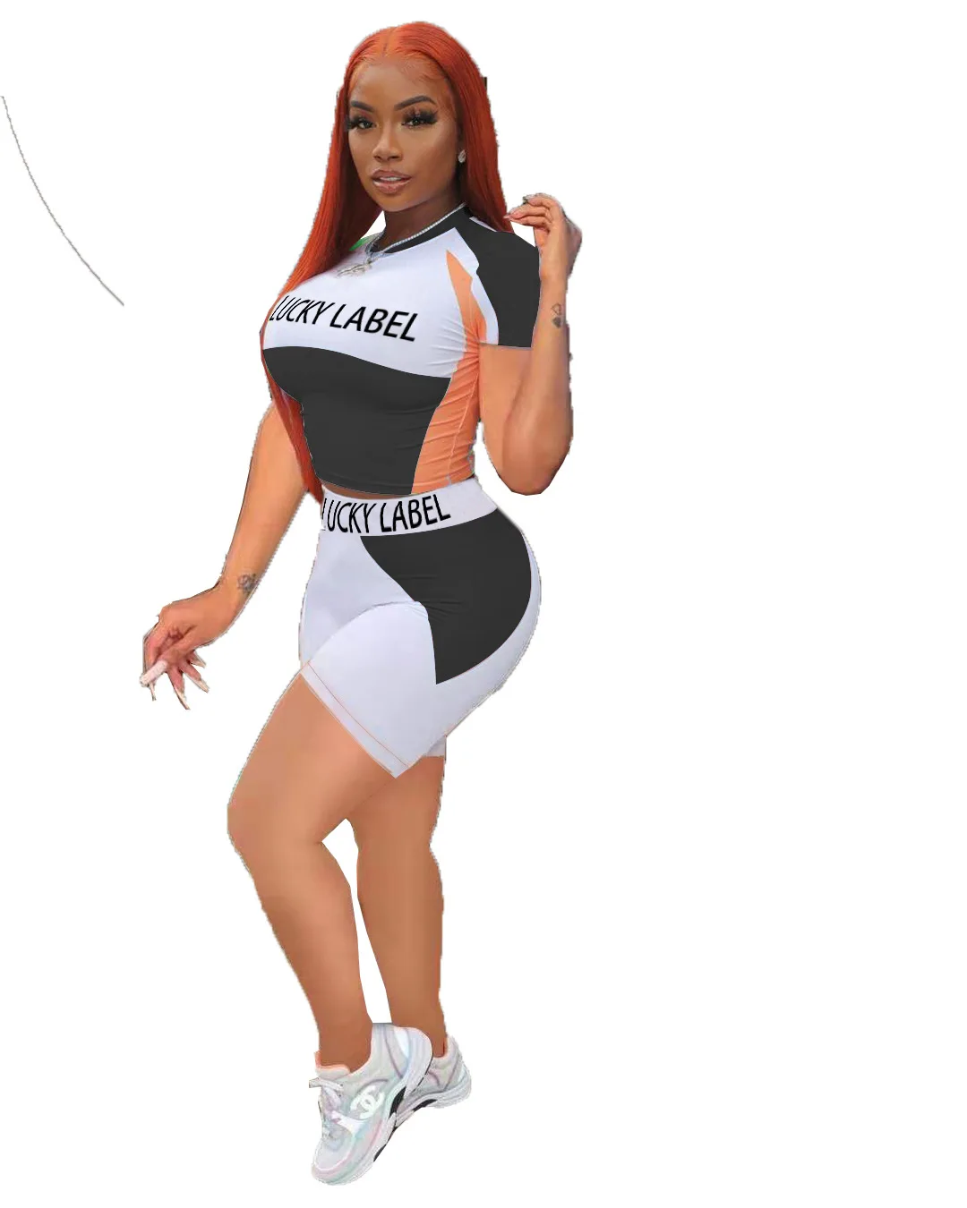 

Product 2021 Lucky Label Set Short Sleeve Cropped Top and Motorcycle Shorts Fashionable Women's Two-piece Sportswear, Picture