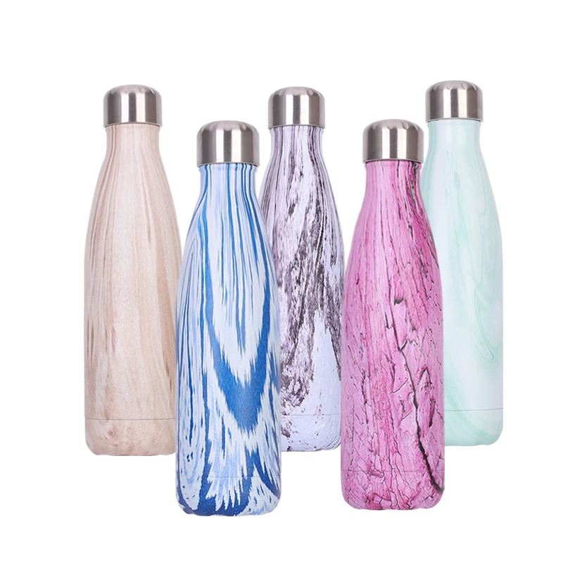 
500ml Wooden Design Logo Printing Cola Shape Double Wall Water Cup Vacuum Sport Flask Stainless Steel Insulated Bottle 