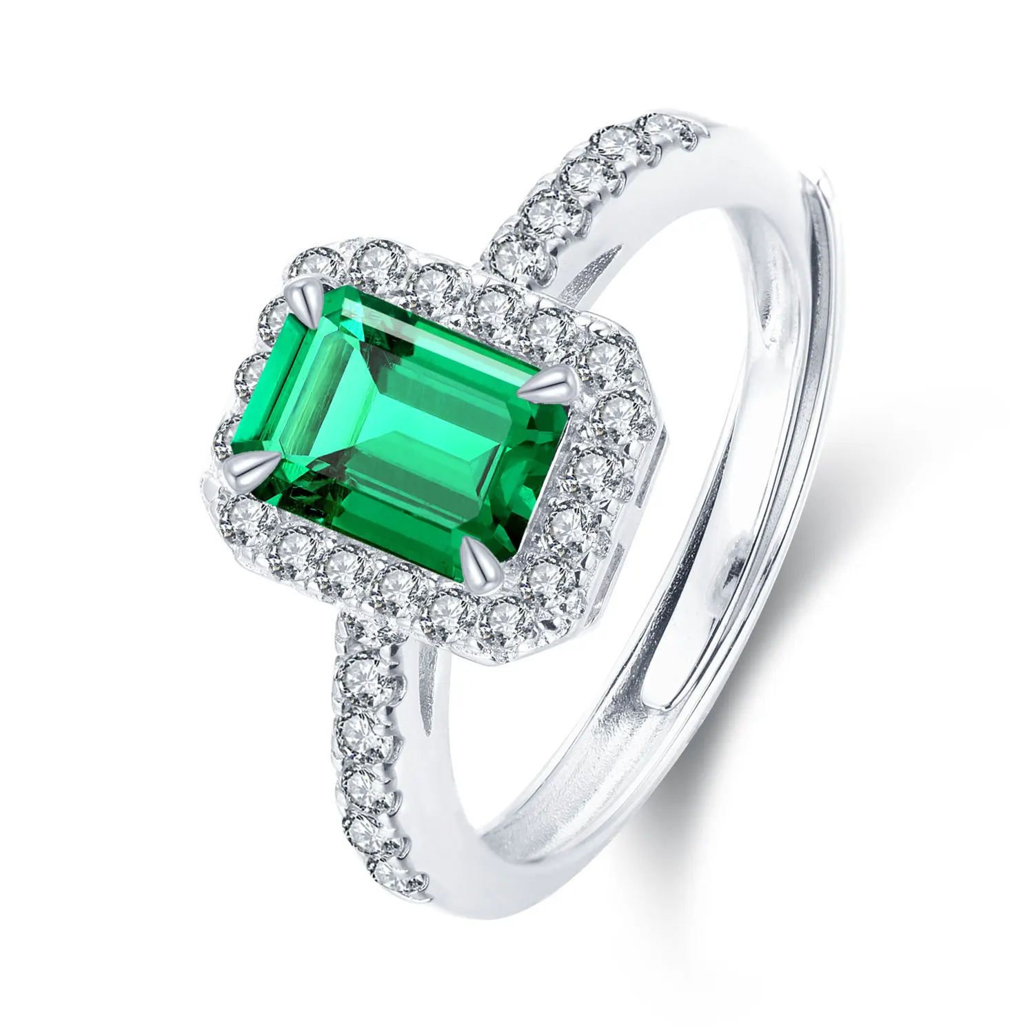 

0.85ct Octagonal Lab grown Zambia emerald ring with stunning white stones surrounded, Green