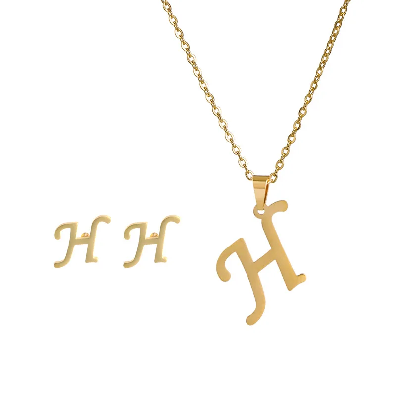 

New Stainless Steel Initial Letter Necklaces Earrings Set Jewelry 14K Gold Plating A-Z Alphabet Capital Letter Pendant Necklaces