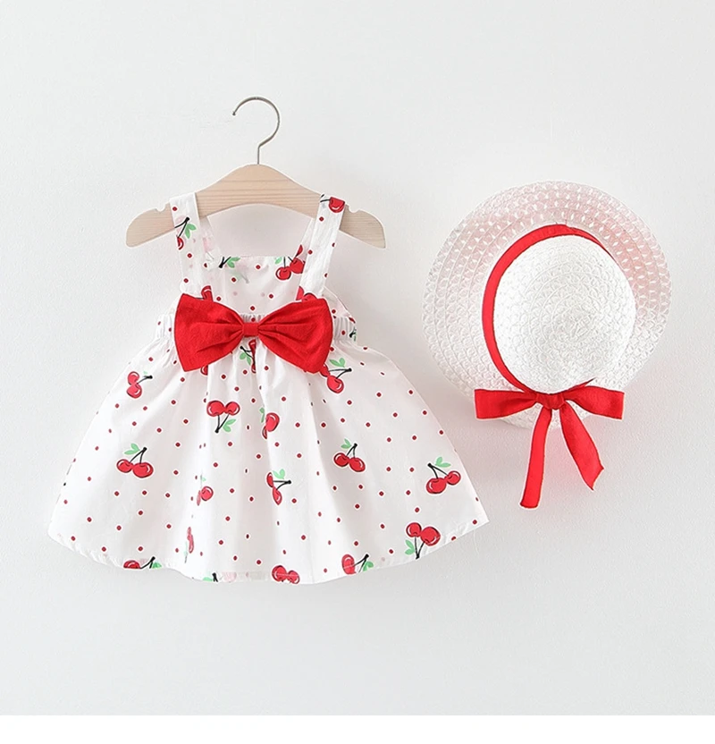 

Children's Clothing Baby Girl Clothes Summer Party Clothing for Girls Dress Cherry Dot Princess Dresses Bow Hat Outfits