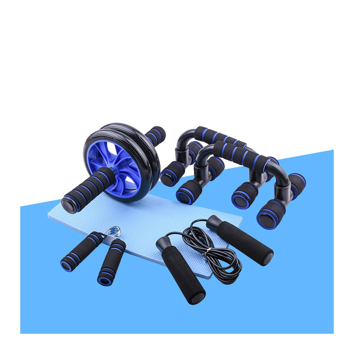 

Abdominal Core Engraving Machine Fitness Jump Rope Hand Gripper Push-up Bar Knee Pad 5-in-1 AB Wheel Roller Kit, Blue