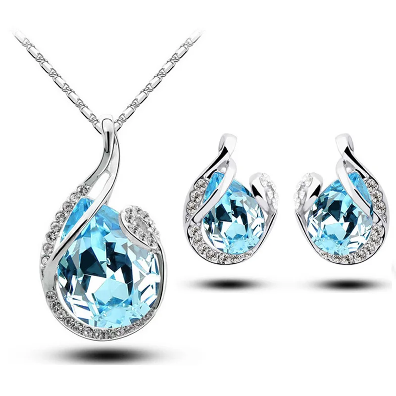 

Three Colors Geometric Crystal Water Drop Earrings Necklace Sets For Engagement Party Gift Jewelries, Picture shows
