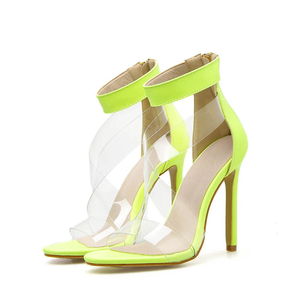 

Wholesale High heels sandals for girl open toe PVC thin heel Green color ladies shoes 42