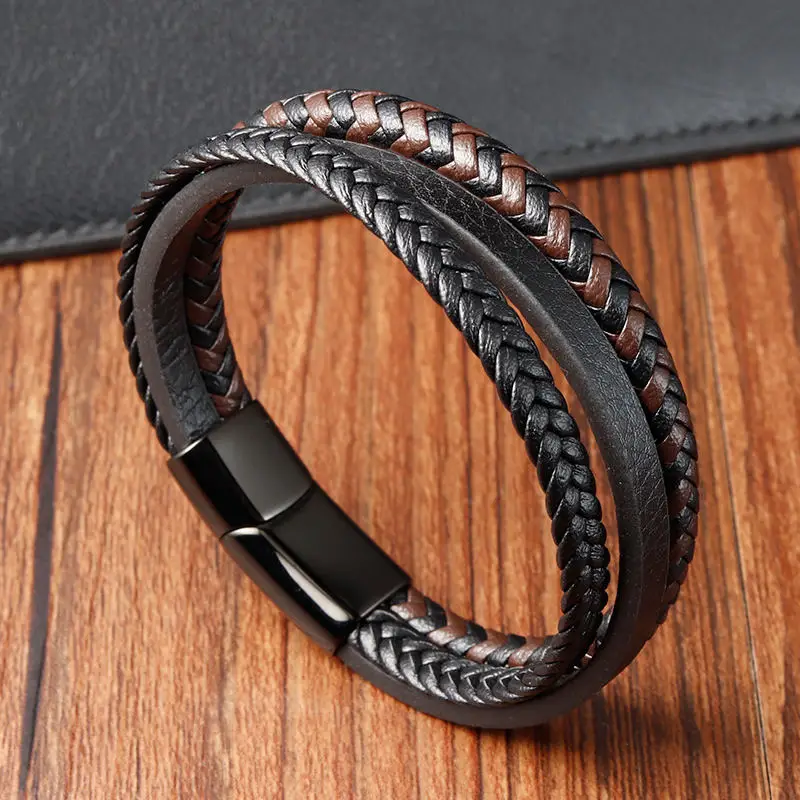 

Stainless Steel Genuine Leather Men Bracelets Charm Magnetic Clasp Wristbands Vintage Double Row Black Brown Braided Bangles