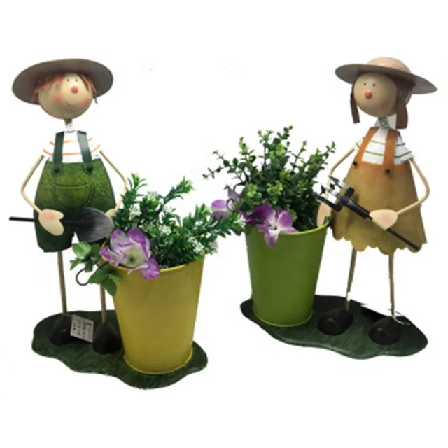 

Wholesale Wrought Iron Plant Stands Outdoor Boy and Girl with Flowerpot for Garden Ornaments Planter, Yellow with green