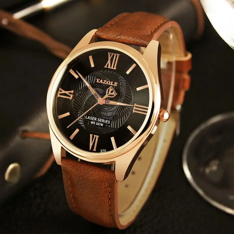 

yazole 370 popular gold man quartz watch low price PU leather band Waterproof analog display Concise business watch manufacturer