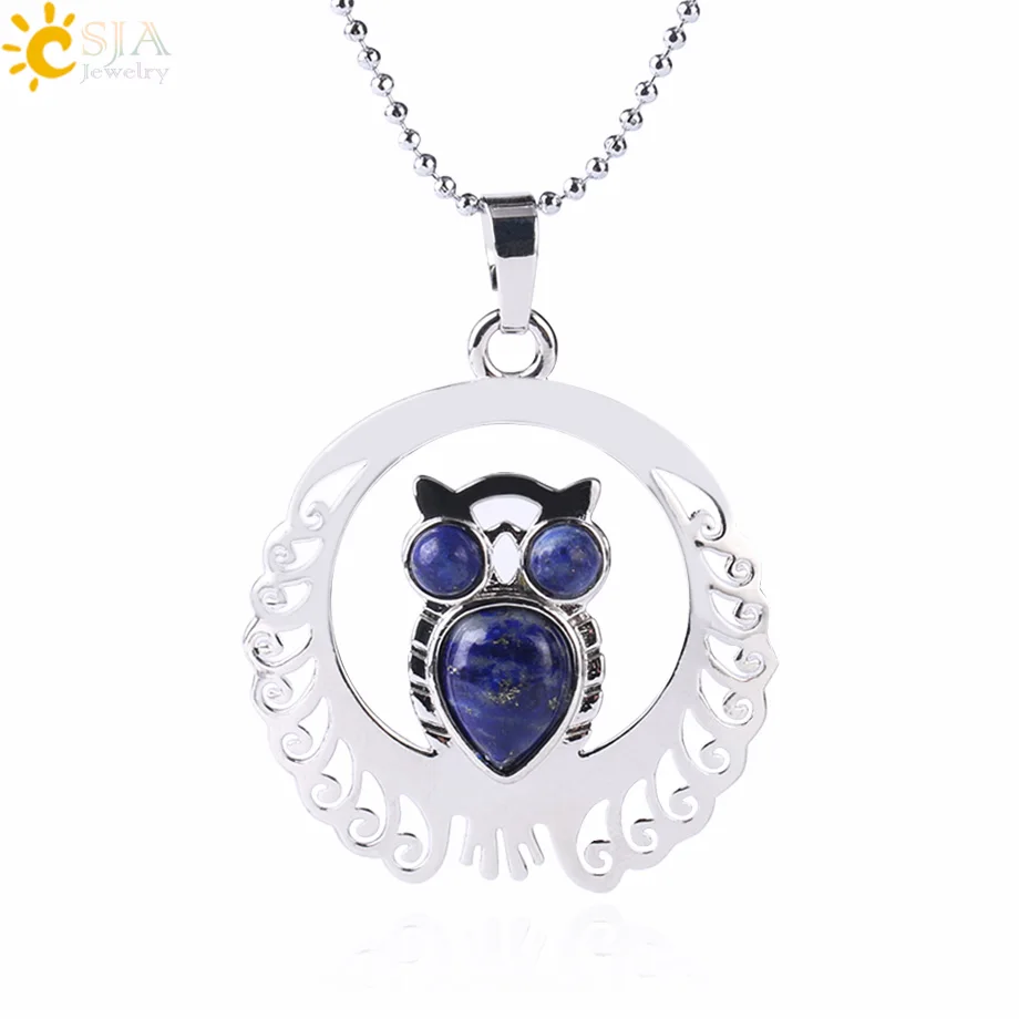 

CSJA hot sale animal lapis stone crystal owl bird stainless steel pendant jewelry silver color necklaces for women men F470