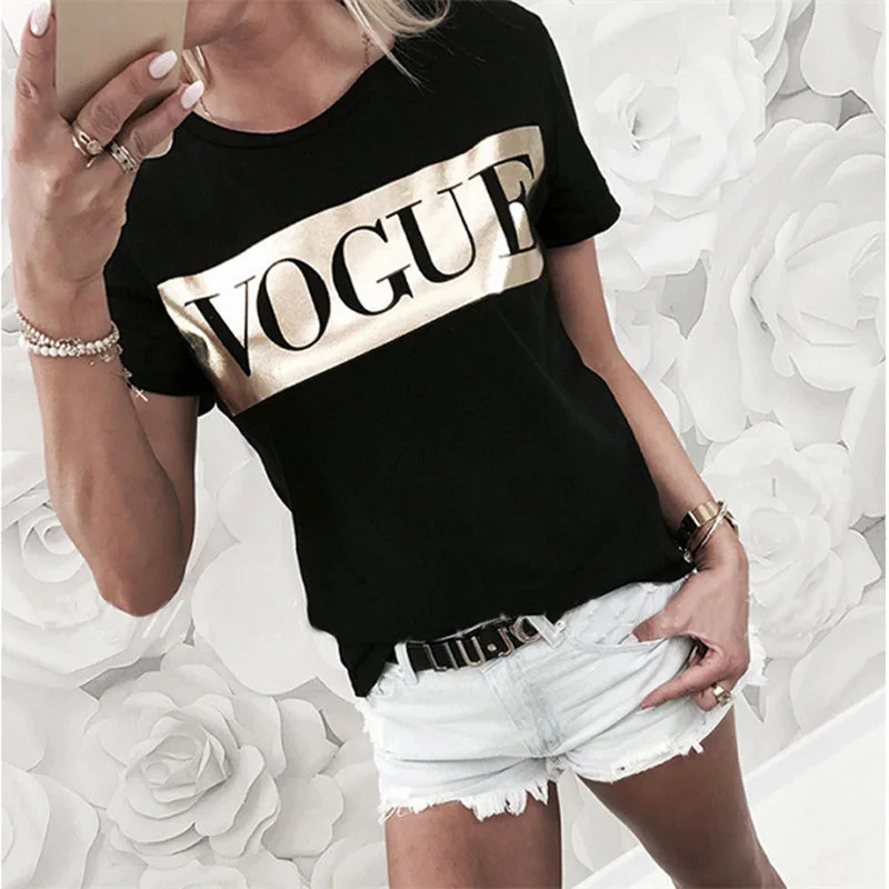 

Womens VOGUE Print T-shirt Ladies Letter Top Short Sleeve Fashion O-neck T-Shirt Cotton T-Shirt Women