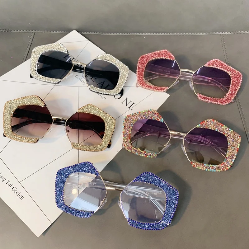 

1713 Latest Fashion Rhinestone Half Frame Sunglasses Polygonal Frame Diamond Sunglasses, 5 colors