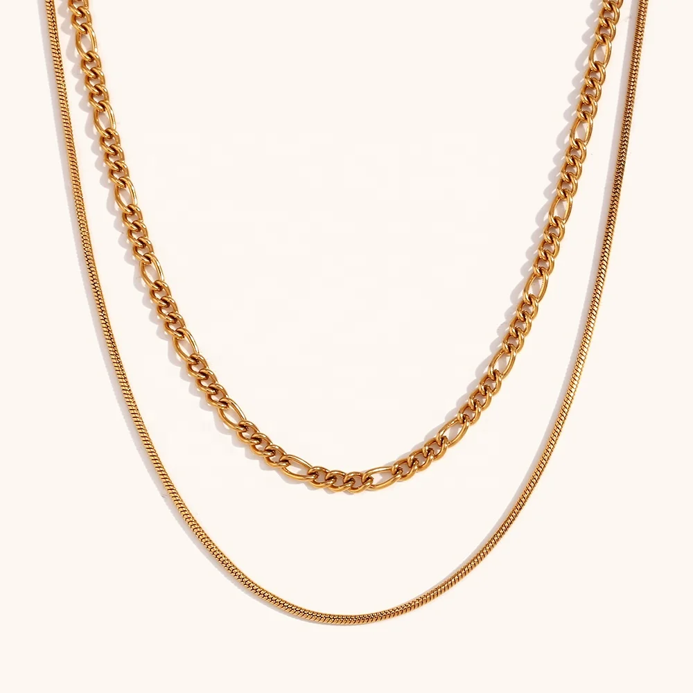 Ding Ran New Trendy Double Layer Figaro Chain &Snake Chain Necklace Gold Plated Stainless Steel Jewelry