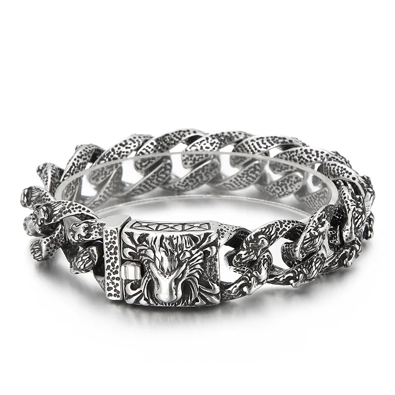 KALEN 220mm Punk Stainless Steel Lion Head Pattern Link Bracelets for Men
