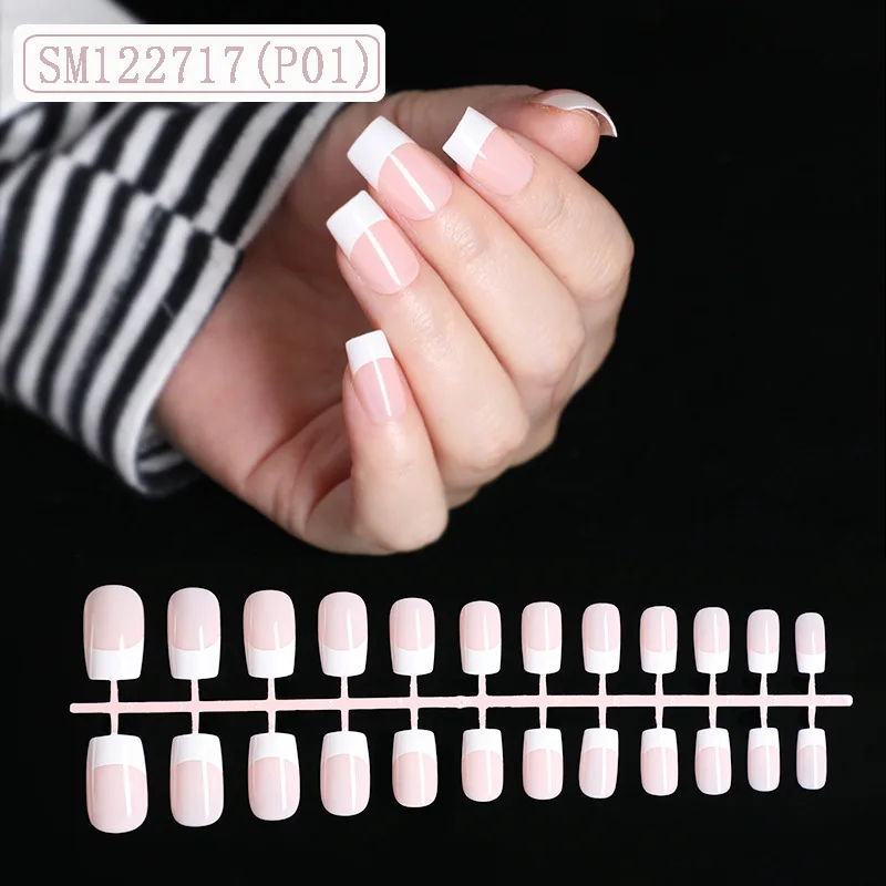 

24Pcs/box Pink Gliter Nail French Crescent Moon Pattern Ballerina Full Cover Press on Nail Art, Picture