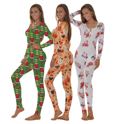 

Autumn Europe Christmas Halloween Printed Fall Winter Pajamas Christmas Jumpsuit