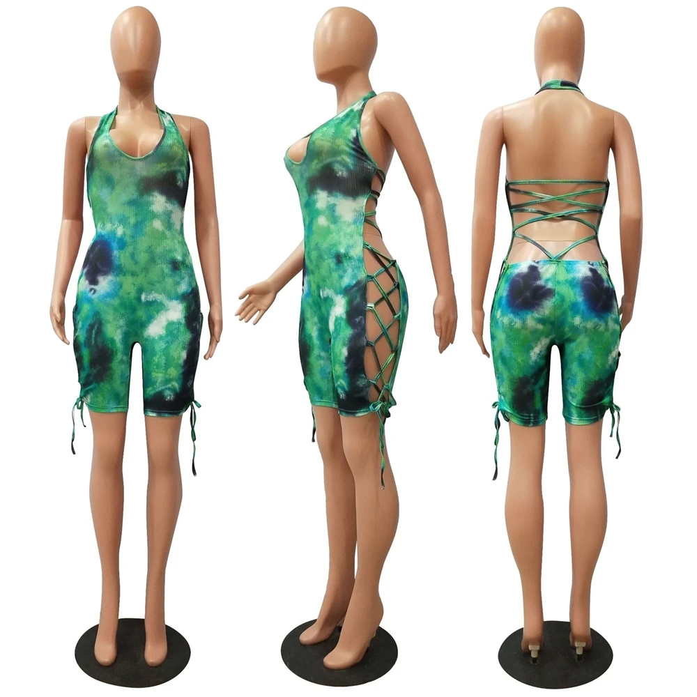 2021 Women Summer Latest Design halter patchwork Color jumpsuit Beach Tie Dye ribbed Bondage Romper Overall Outfit Beach Overall