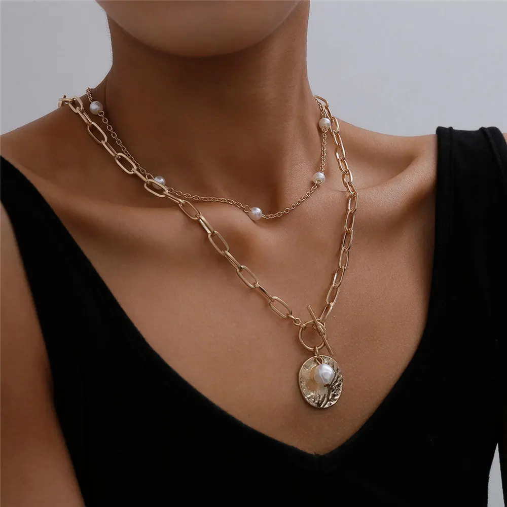 

Gothic Baroque Pearl Coin Pendant Choker Necklace for Women Wedding Punk Bead Lariat Gold Color Long Chain Necklace Jewelry Gift