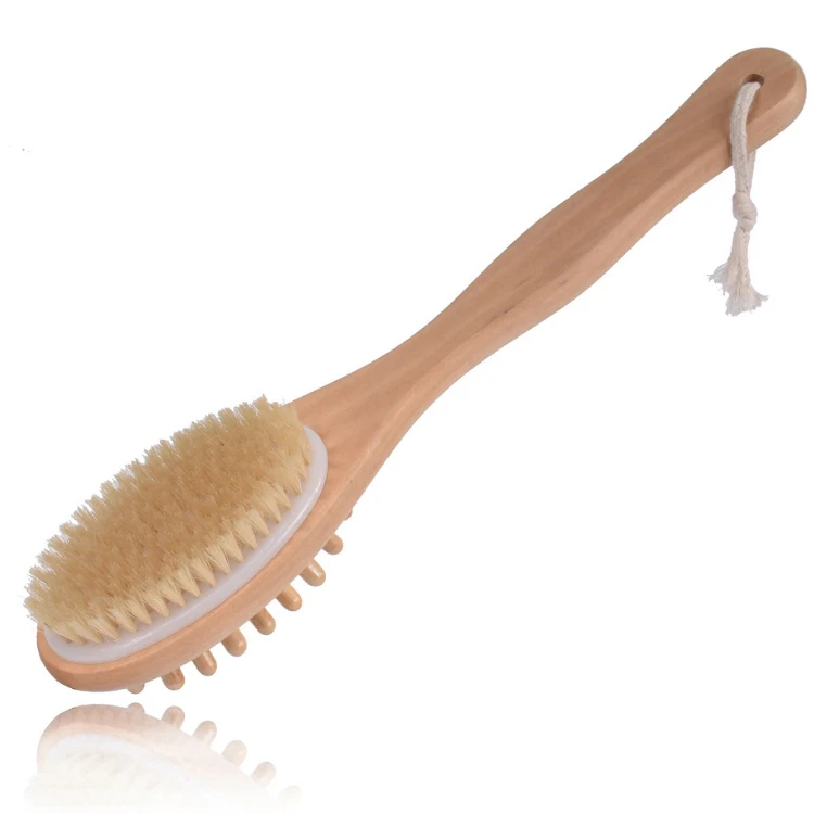 

Long Handle Double-sided Dry Brush Wooden Body Massage Brush Shower Brush for Men and Women General, Wood color