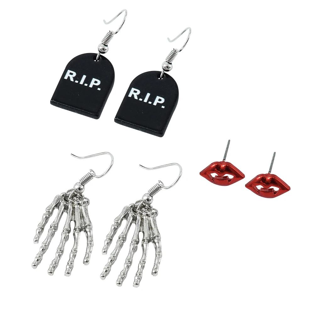 

Veijer Women Silver Plated Alloy Acrylic Halloween tombstone Skeleton Hand Red lips Drop Earrings, Multi