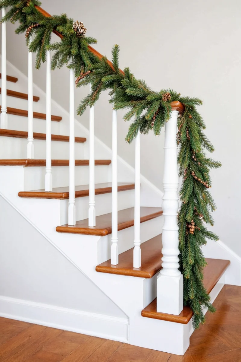 Christmas garland draped across stairs