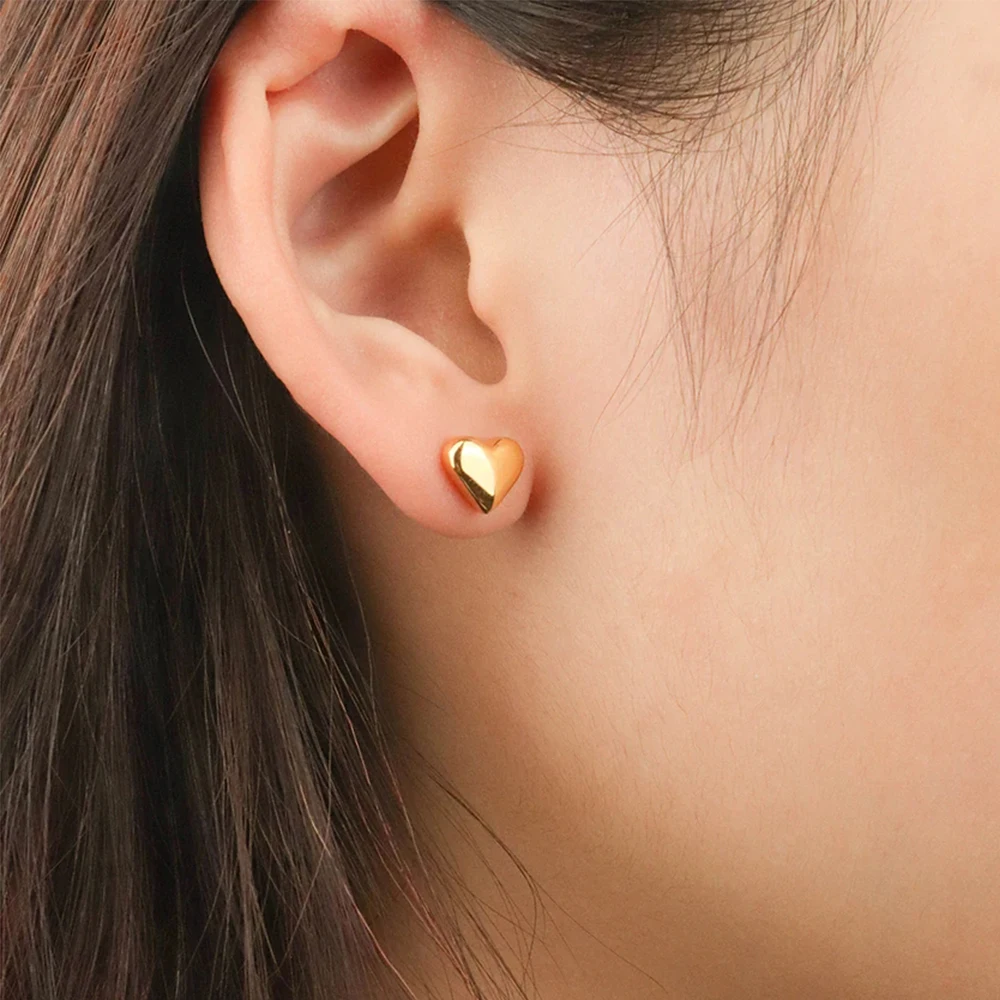 eManco Trendy Heart Stud Earrings Jewelry Gold Cute Solid Gold Heart Stud Earrings Love Three-Dimensional Stud Earring