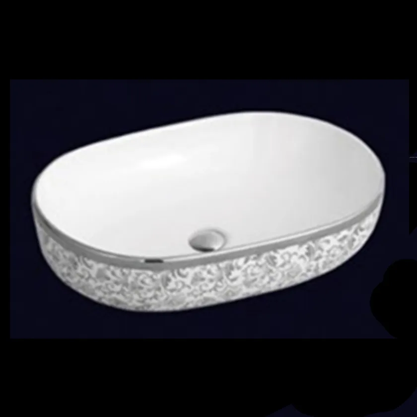 Hot Selling Above Counter Flower Pattern Oval Shape Wash Hand Basin Slivery Art Sink