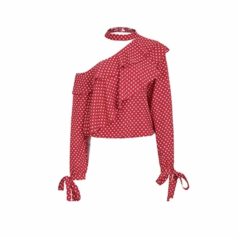 

Off Shoulder Women Shirt Blouses Ruffles Patchwork Lace Up Backless Sexy Chiffon