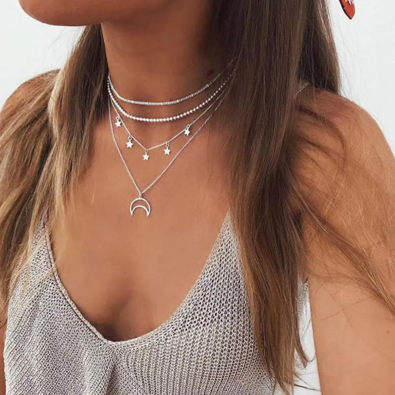 

Bohemian Layered Chain Necklace Silver Color Choker Pendant Pentagram Moon Necklace egirl Angel Gift Neckless Women Boho Jewelry, As picture show