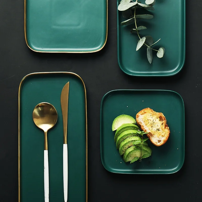 

Nordic Square Ceramic Dessert Breakfast Green Plate Household Kitchen Dishes