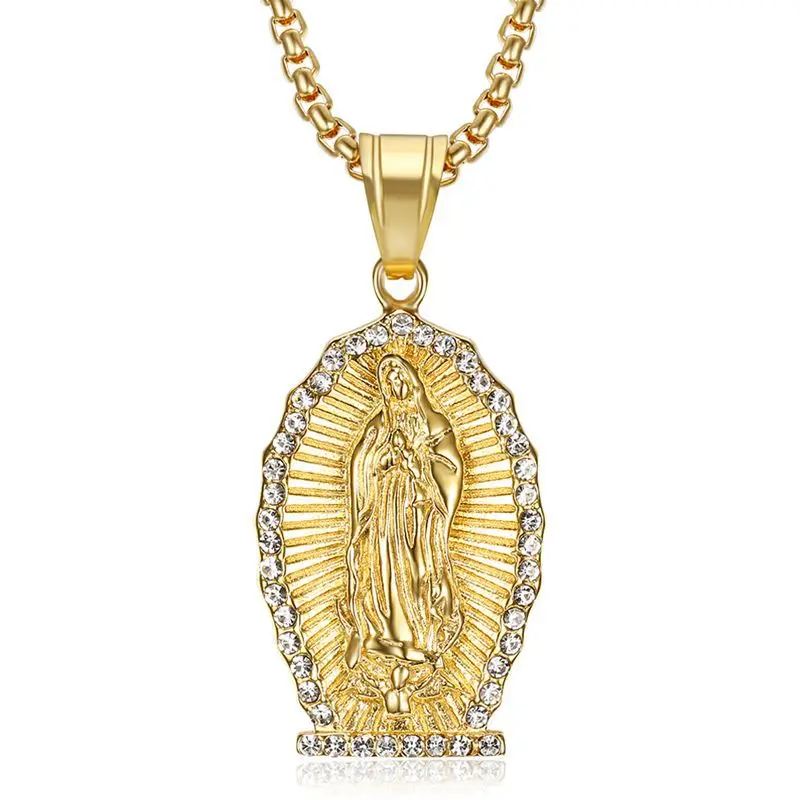 

RFJEWEL2021 New Arrival Stainless Steel Gold plated Diamond Catholic Virgin Mary pendant necklace for men's jewelry gift
