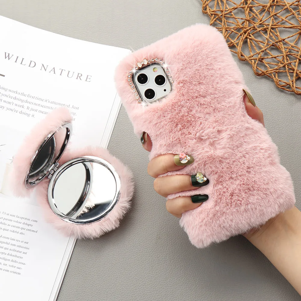 

Factory Price Girl Glitter Mirror Fur Phone Case for IPhone 12 11 Pro Max XS Max XR X 6 6S 7 8 Plus Soft Warm Furry Fluffy Cover