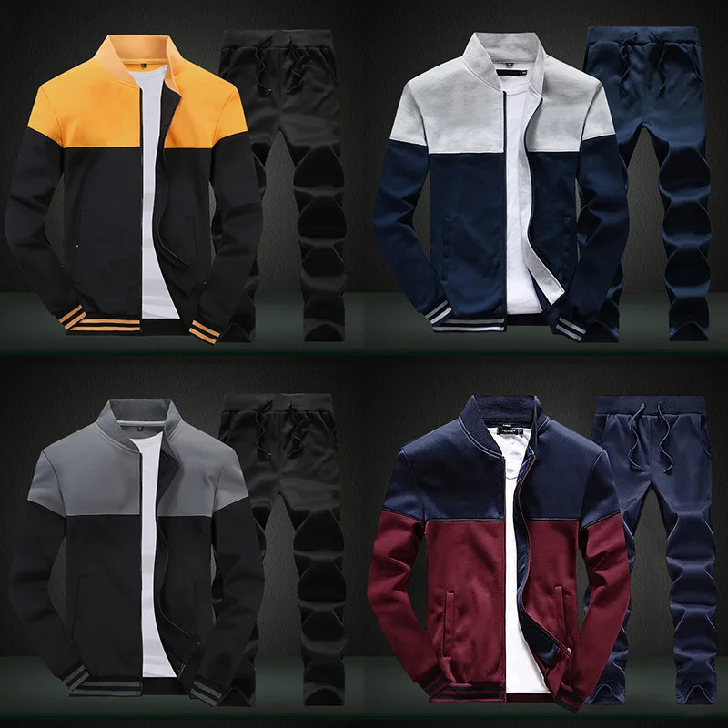 

Wholesale Custom Logo Mens Tracksuit Splicing Cardigan Zipper Sports Jogging Set Men's Hooded Sweater Suit