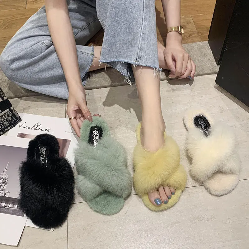 

2021 spring autumn indoor home fur slides fluffy faux fur slippers for women, 4 colors as picture show