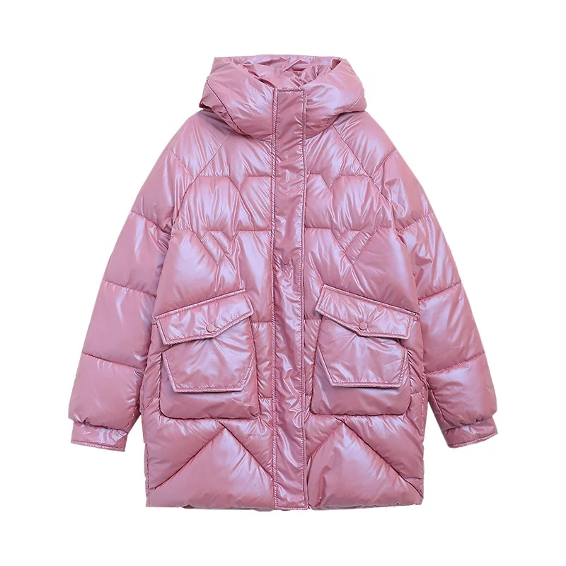 

Popular New Design Ladies Casual Warm Padding Shining Shell Jacket With Hood Winter New European Style Women Long Jacket