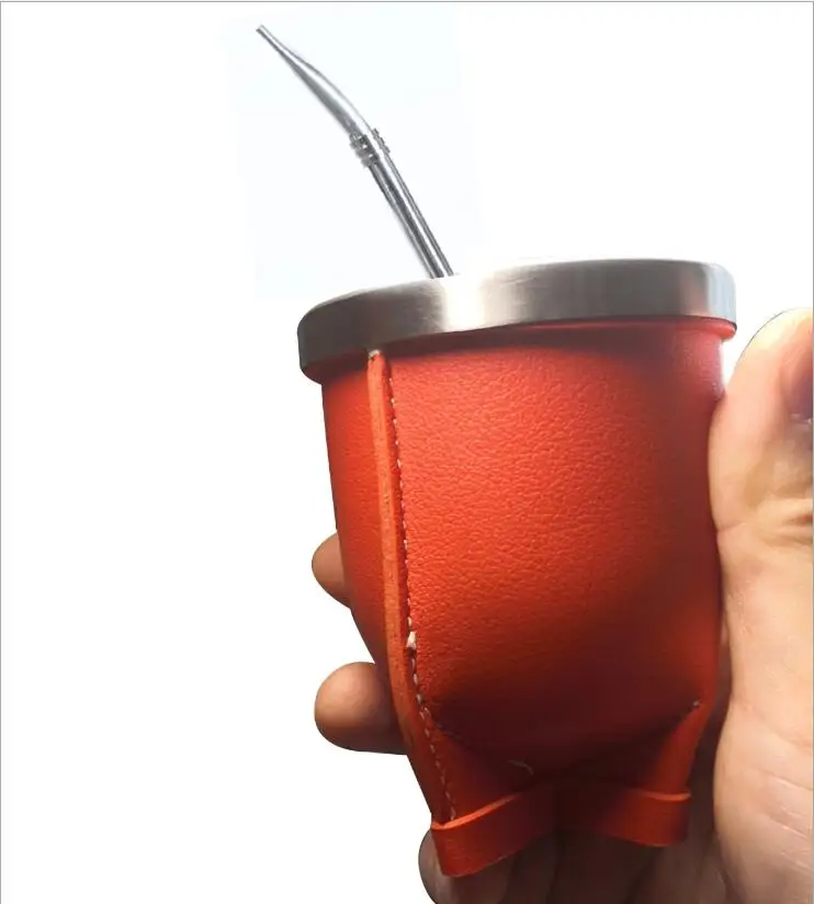 

Customized Leather mate cup with straw yerba Tan Color Cup made of PU&Leather, Brown, black, orange