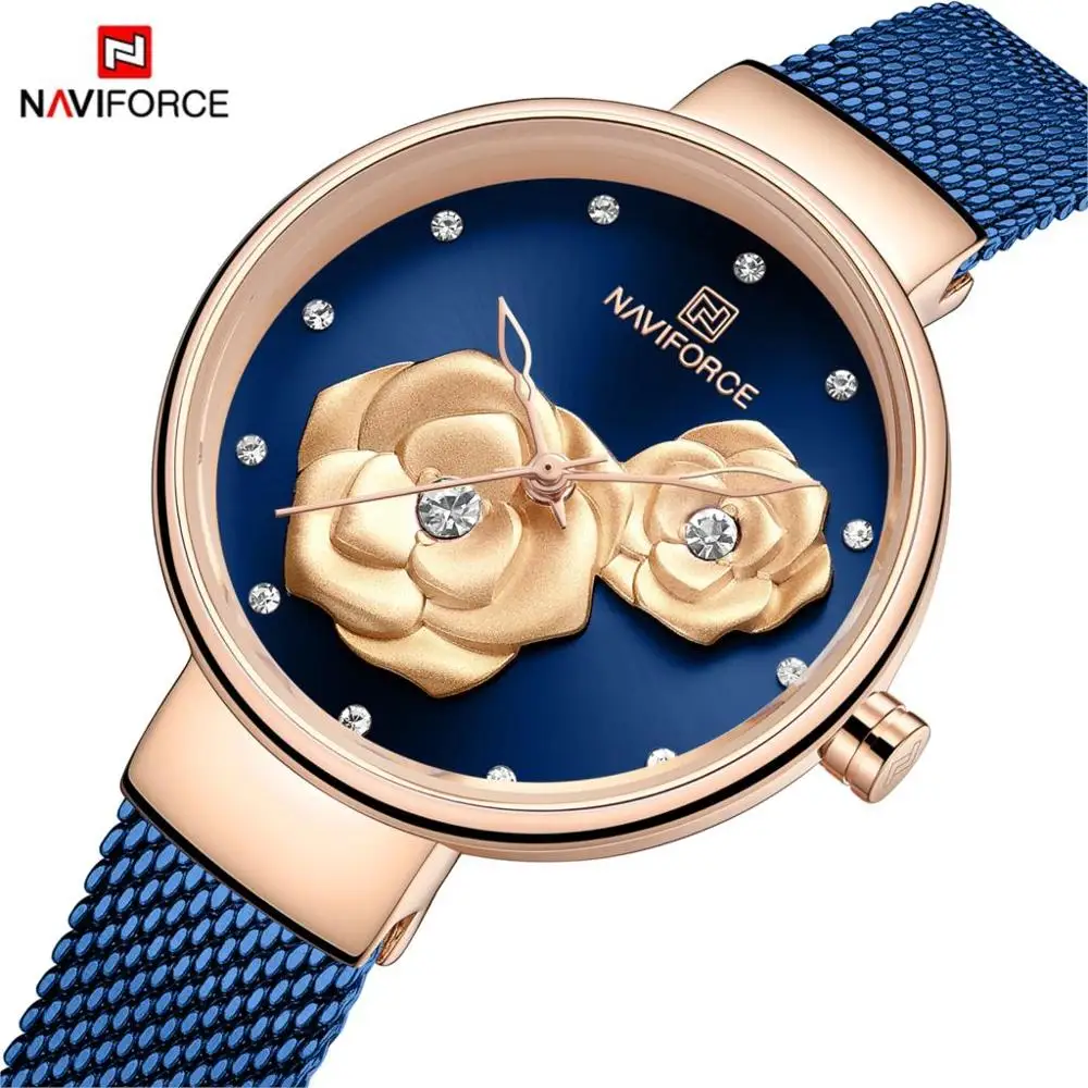 

NAVIFORCE 5013 Fashion Watch Women Flower Waterproof Ladies Slim Mesh Strap Simple Quartz Sports Clock Relogio Masculino, 4 colors