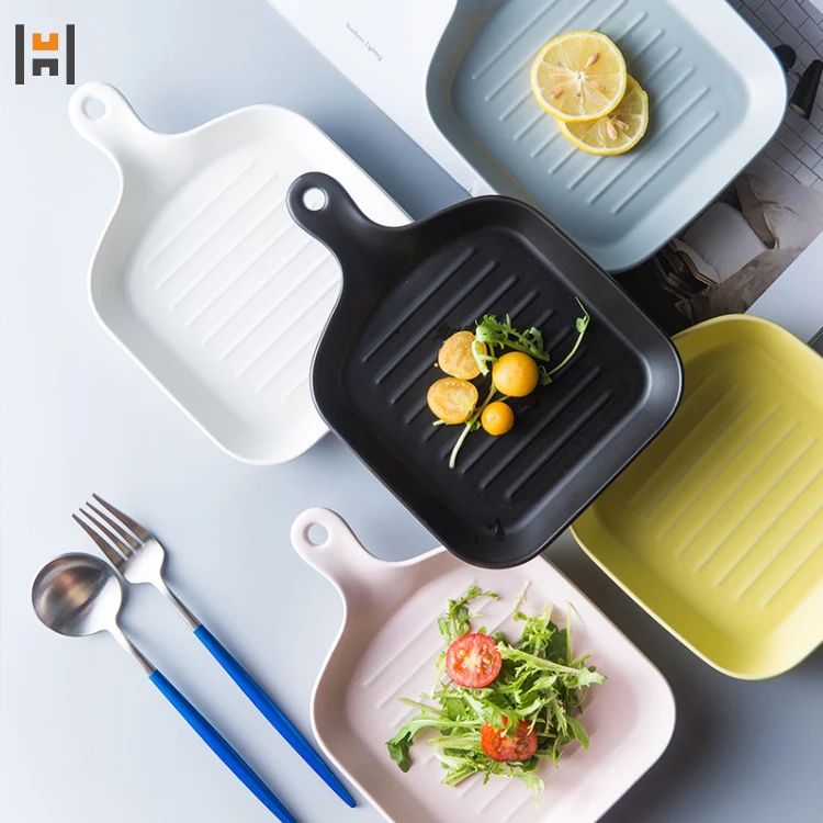 

Hot selling bakeware home use rectangle ceramic serving plate with handle, Grey, pink, yellow, black, white