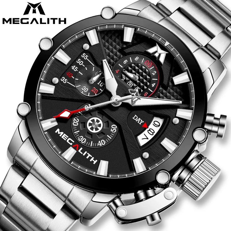 

MEGALITH Customize Chronograph LED Light Original Quartz Gold Time Watches Fashion Business Wristwatches