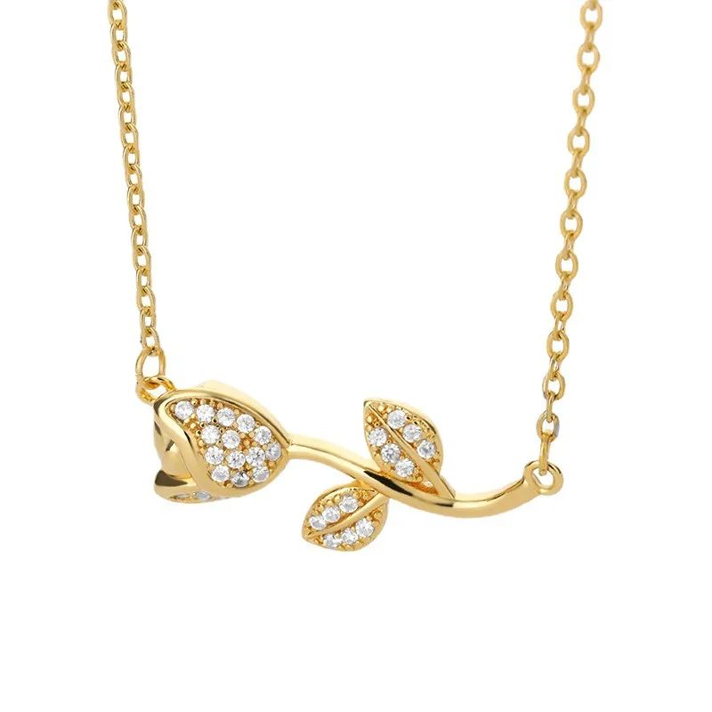 

European Style 18k Gold Plated 316L Stainless Steel CZ Rose Pendant Necklace Full Diamond Flower Statement Necklace For Women