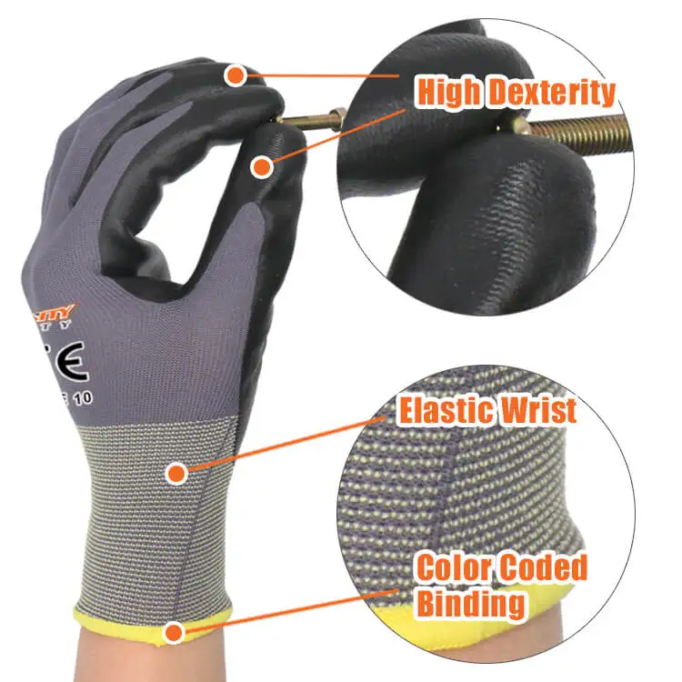 15G nylon cheap work wholesale black oil resistant hand safe palm coating nitrile gloves <span style=