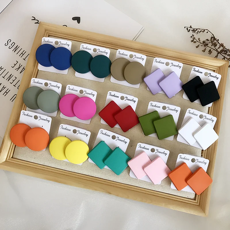 

Fashion daily colorful circle square geometric drop earrings s925 silver needle candy color frosted spray paint acrylic earrings
